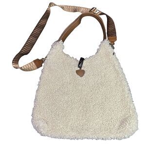 Plushy Leather Womens Hobo Bag Sherpa Cream Brown Gold Accents Made in Italy